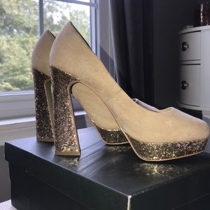 Elle brand, tan suede with gold glitter heels